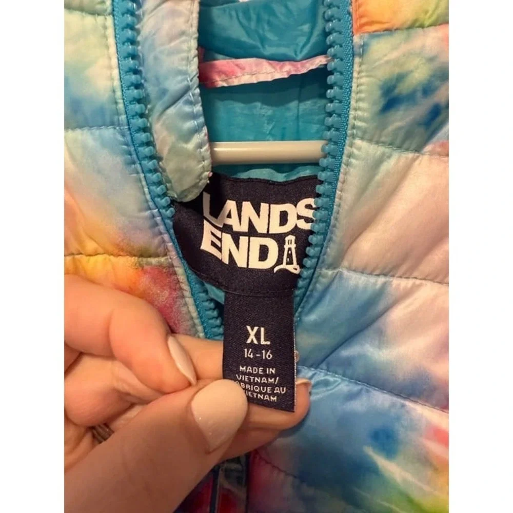 Lands End Kids Down Packable Hooded Jacket Girls XL VGUC Tie Dye